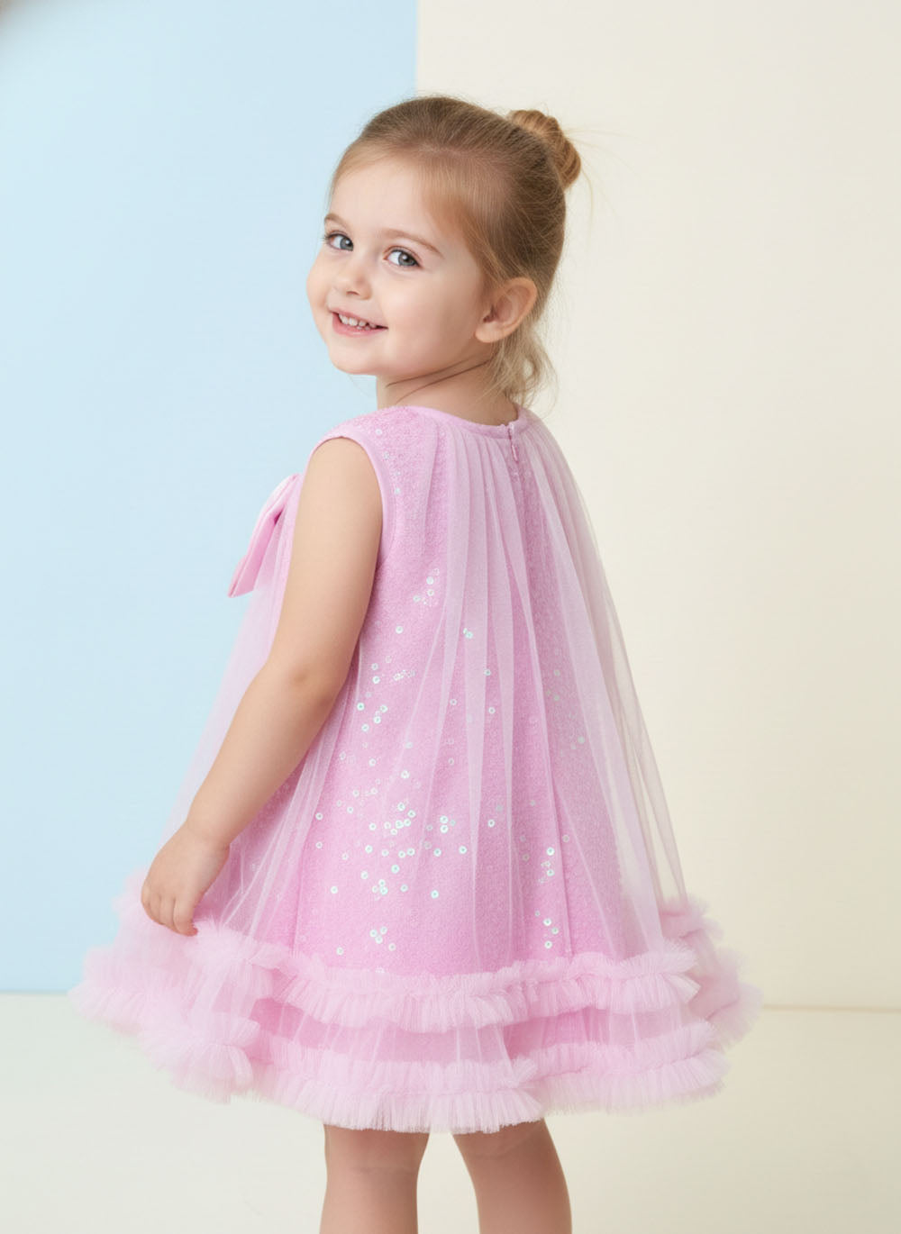 Katibi Girls Pink Net Bow Detail Party Midi Dress