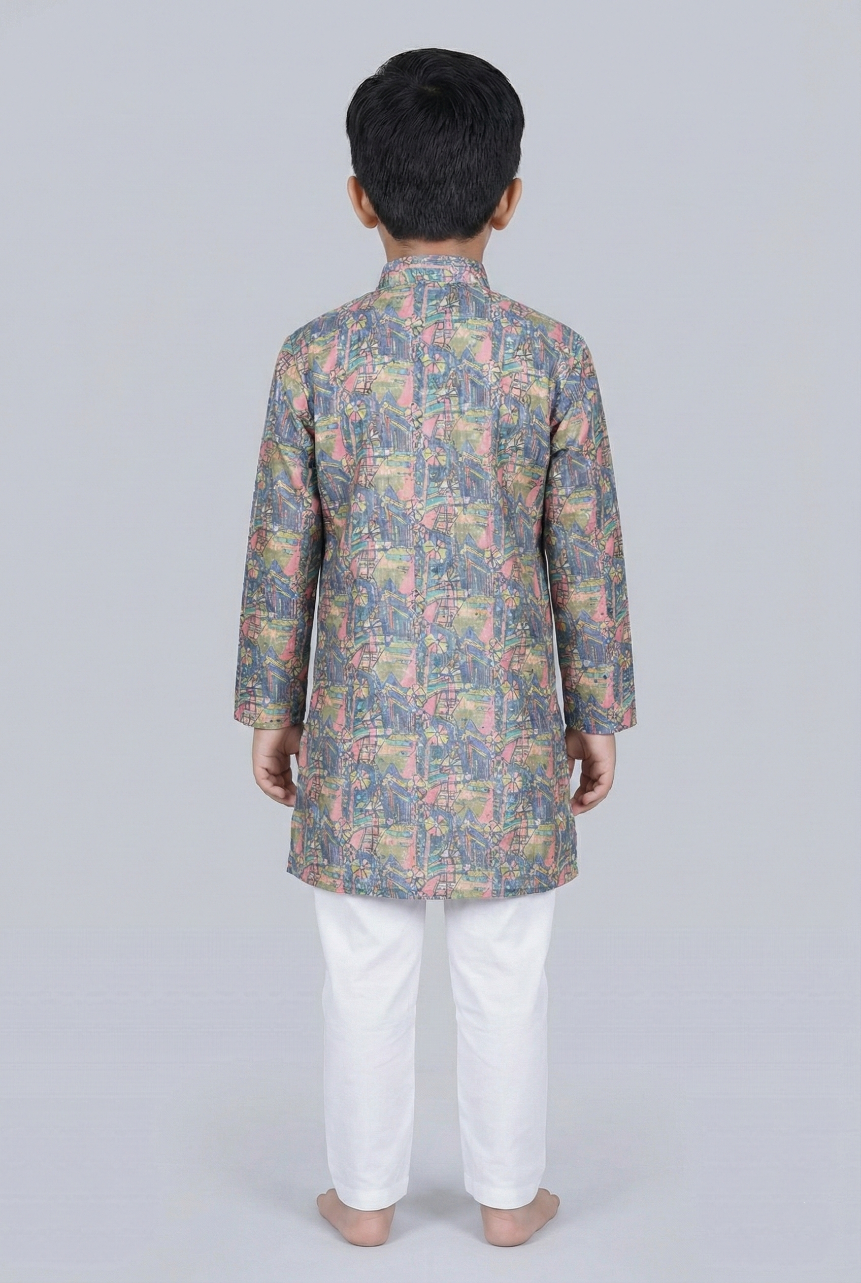 Elevate Blue Multicolor Ethnic Print Straight Fit Full Sleeve Kurta Set