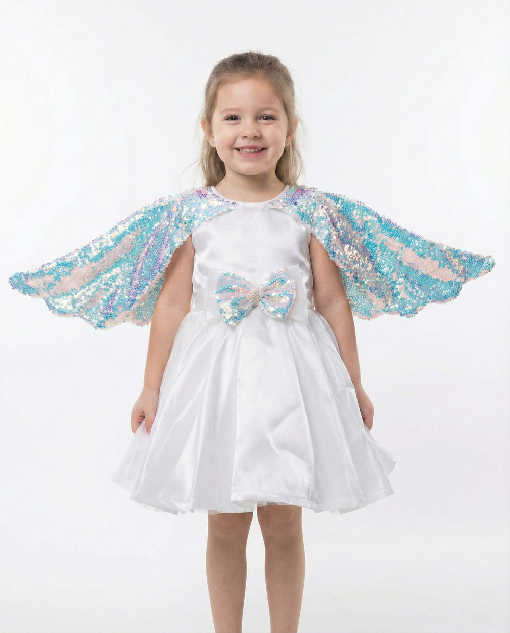 Katibi Girls Cream Sequin Wing Sleeve Party Frock