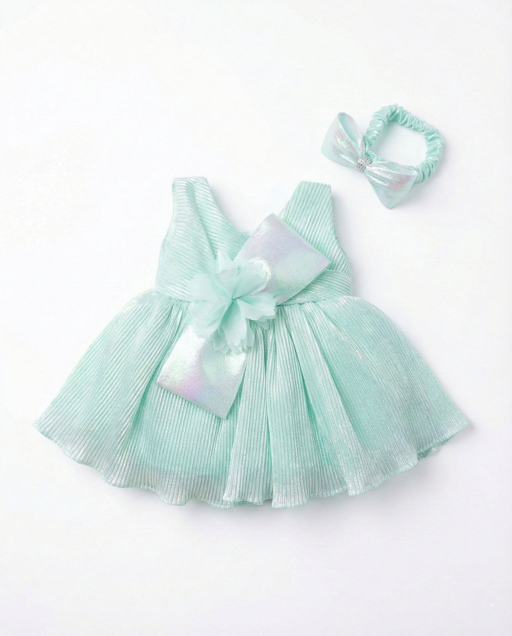 Katibi Girls Mint Green Bow Detail Net Party Wear Frock