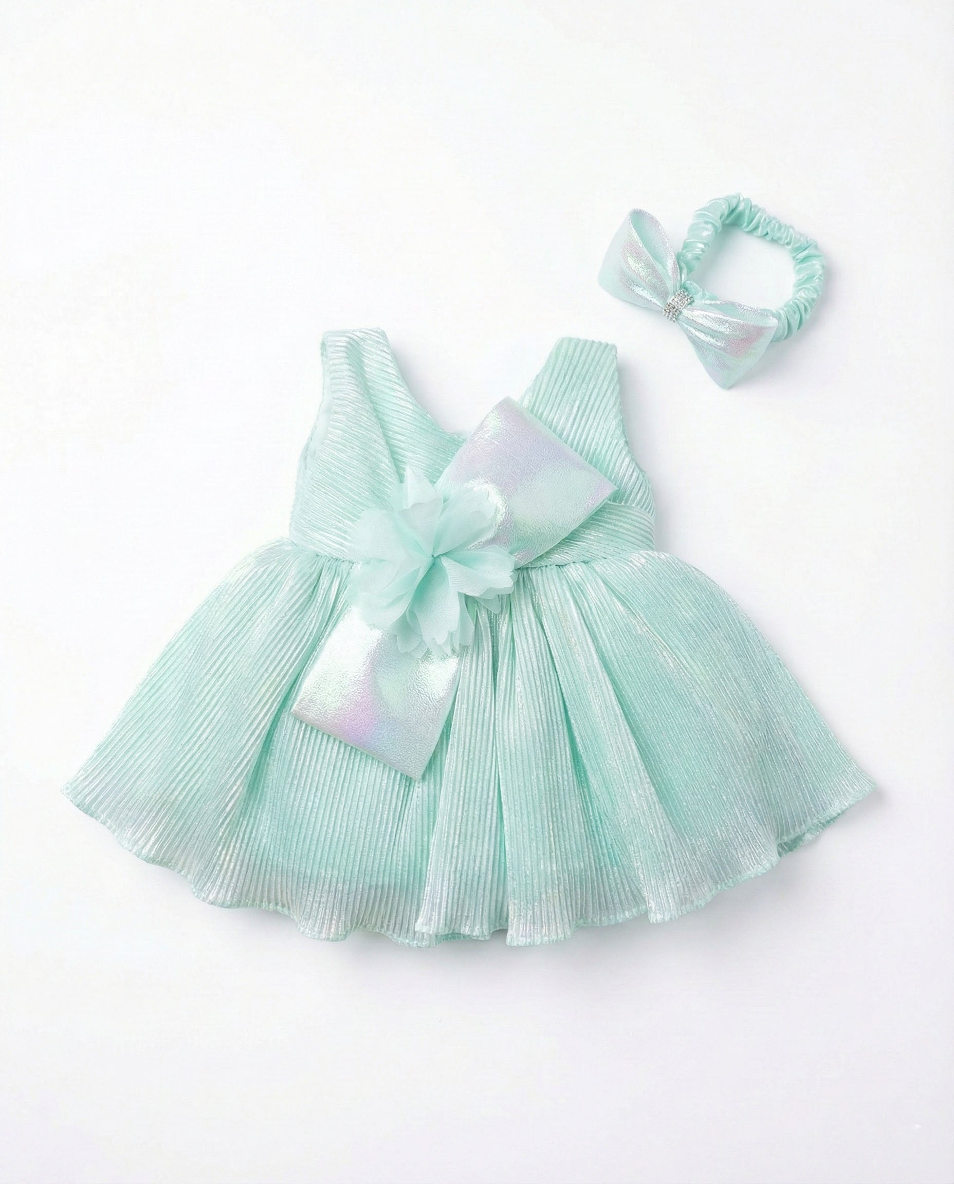 Katibi Girls Mint Green Bow Detail Net Party Wear Frock