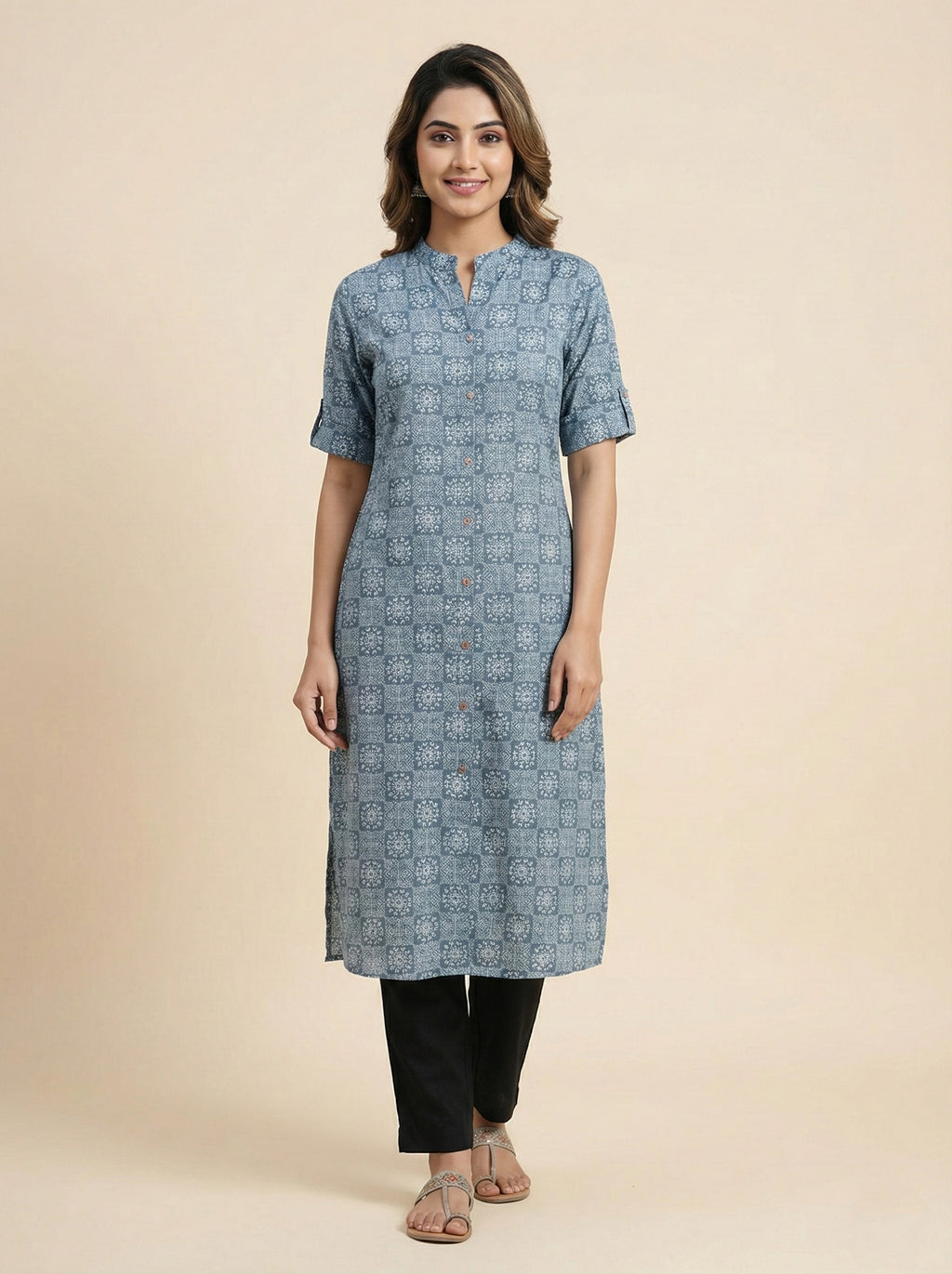 Soul Armor Ladies Allover Floral Buti Printed Straight Kurti with Mandarin Collar and Half Sleeve