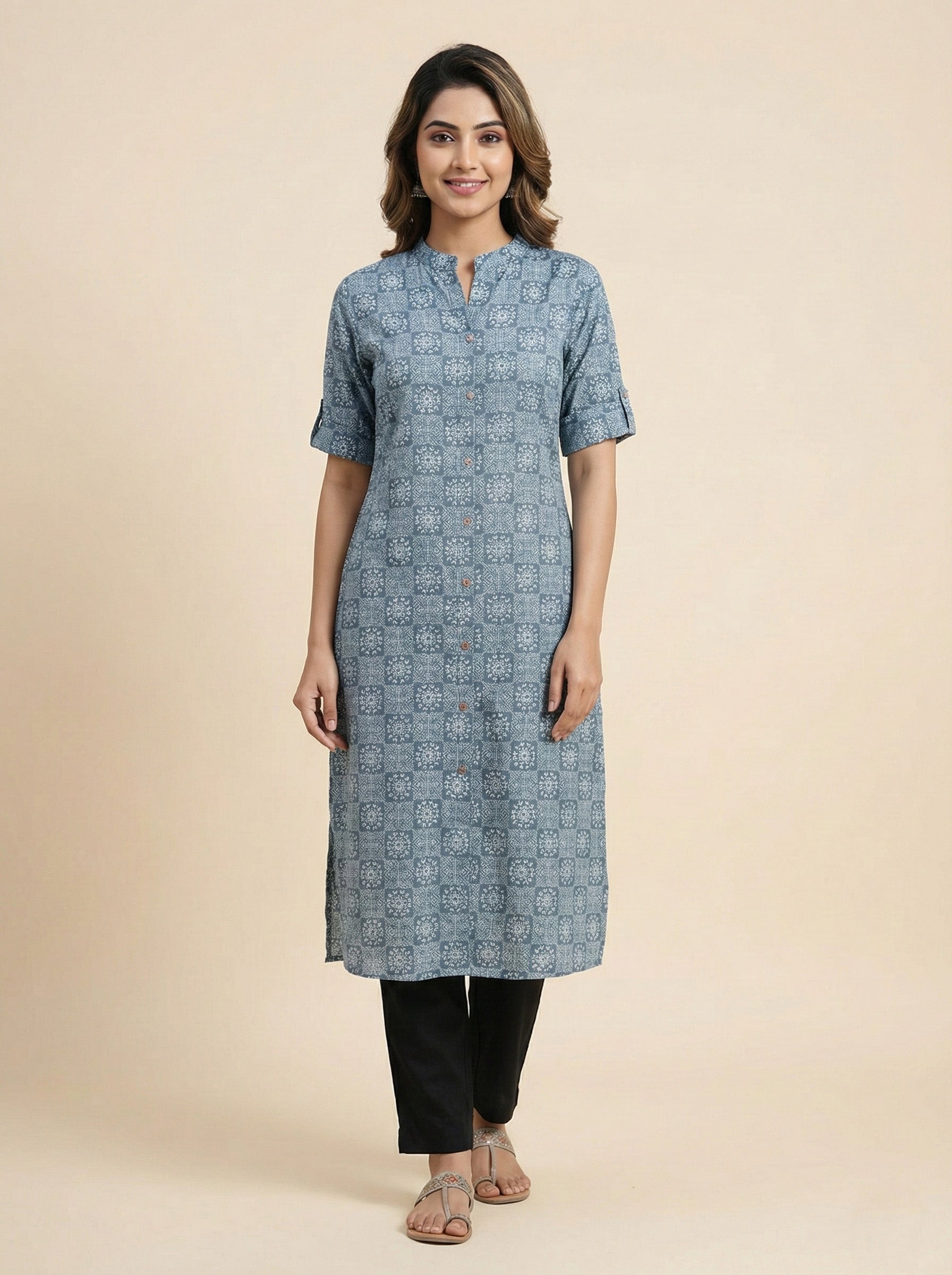 Soul Armor Ladies Allover Floral Buti Printed Straight Kurti with Mandarin Collar and Half Sleeve