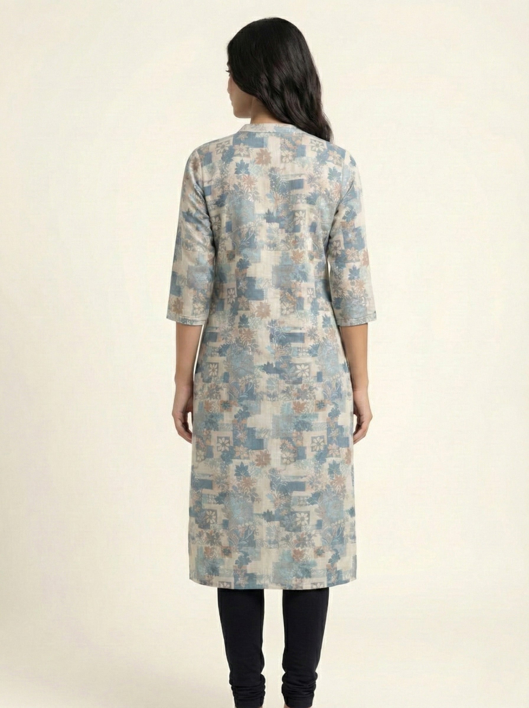 Soul Armor Ladies Floral Block Print Kurti with Mandarin Neck and Half Sleeves