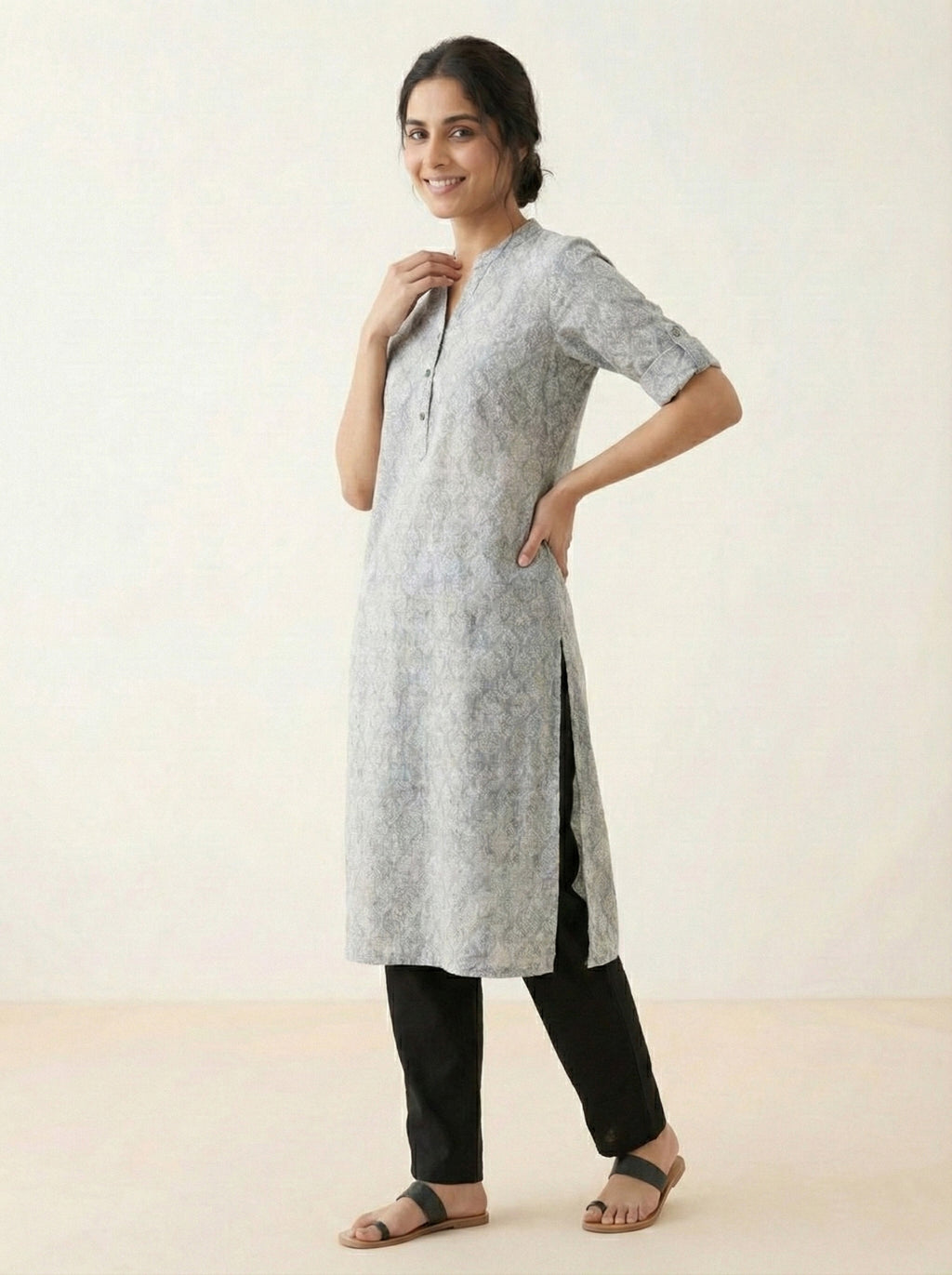 Soul Armor Ladies Printed Mandarin Collar Half Sleeve Kurti with Button Front Style