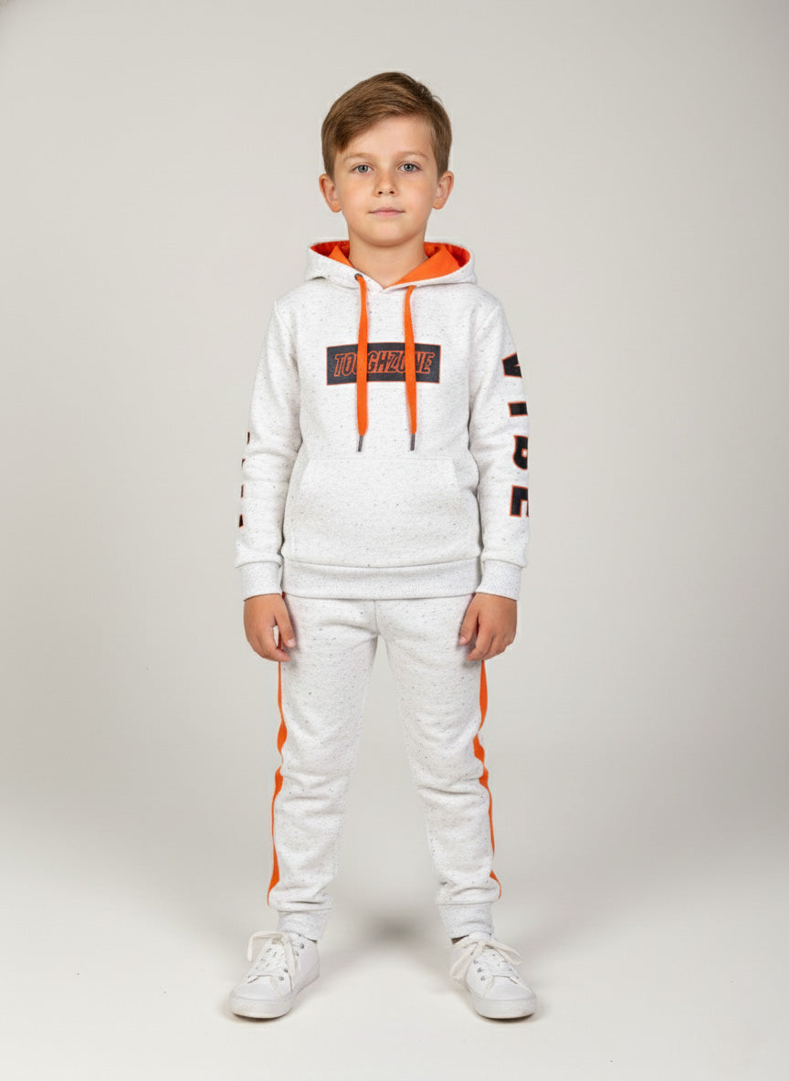 Vats Lil Luxe Boys White & Orange Printed Hooded Sweatshirt with Track Pant Co-Ord Set
