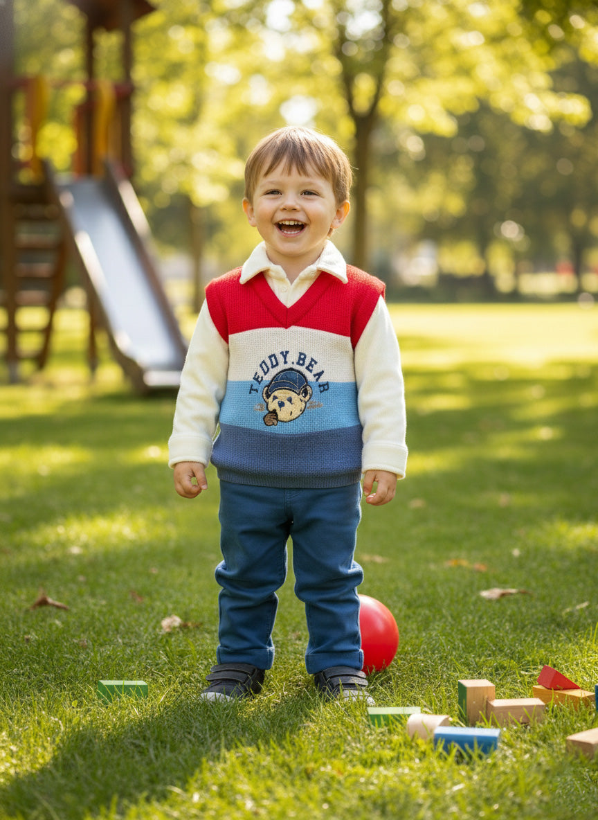 Vats Lil Luxe Boys Red, White & Blue Printed Sweatshirt with Blue Track Pant Co-Ord Set