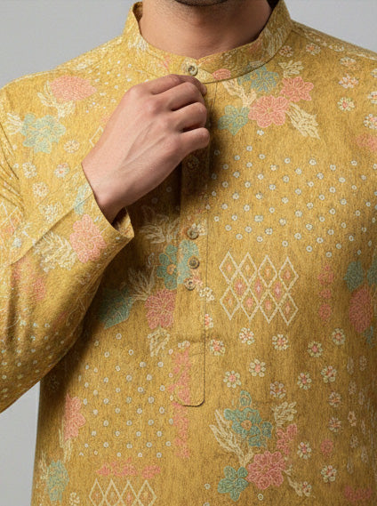 Soul Armor Mens Yellow Detailed All-Over Ethnic Motif Printed Kurta Set