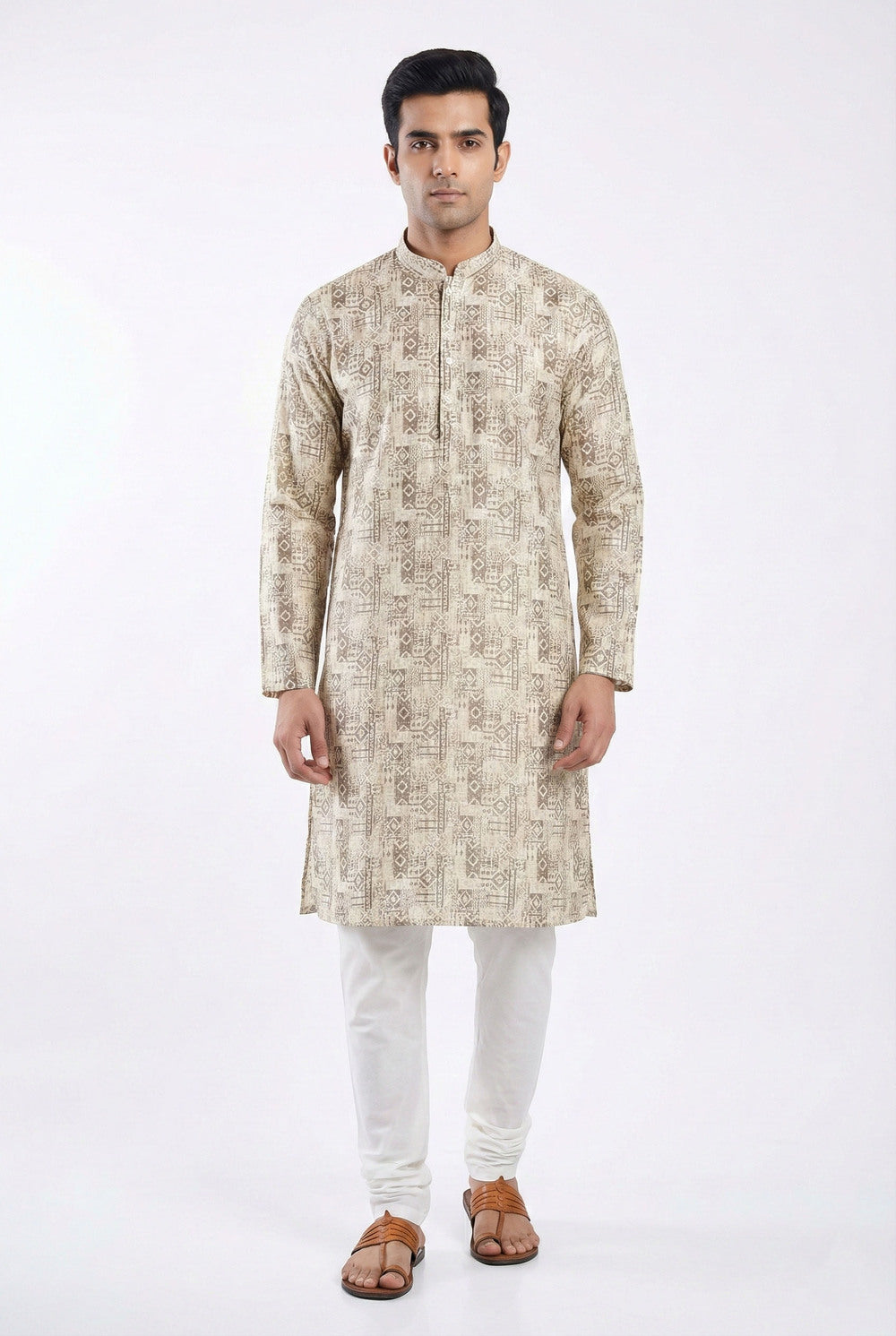 Soul Armor Mens Green Vintage-Inspired Motif Print Full Sleeve Kurta Set
