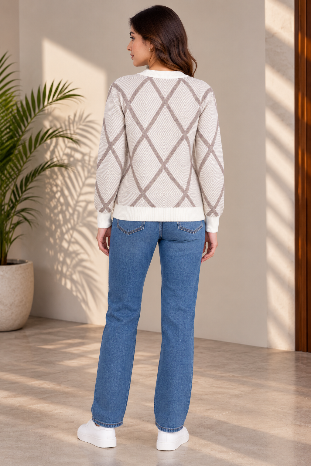 SOUL ARMOR Women's Cream Diamond Check Full Sleeve Winter Sweater | Soft Knit Round Neck Pullover | Warm Casual Wear