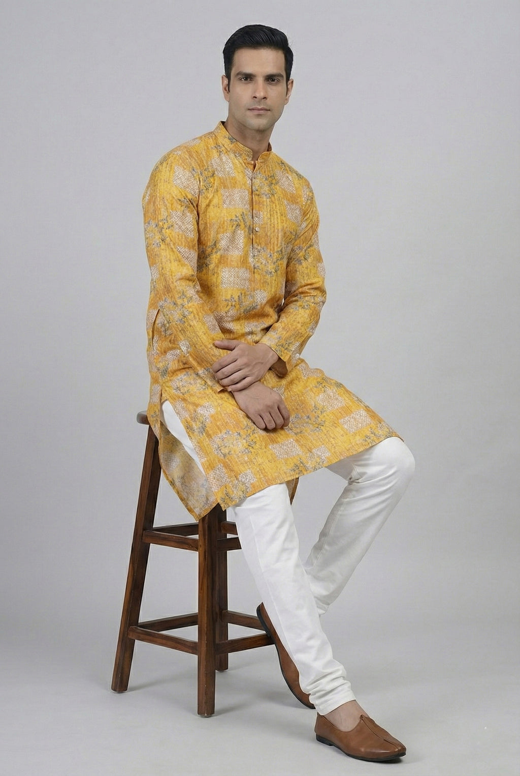Soul Armor Mens Traditional Yellow Floral Printed Kurta Set