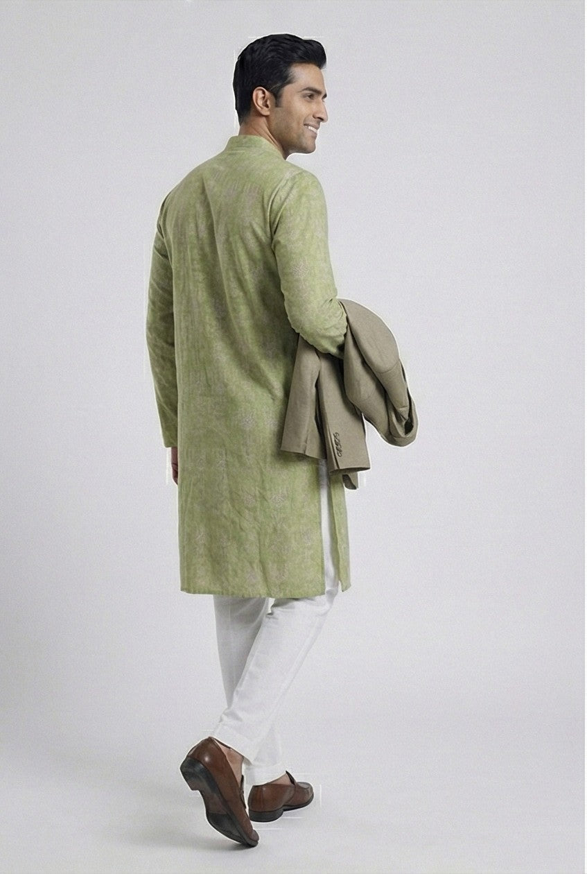 Soul Armor Mens Green All-Over Print Kurta Set