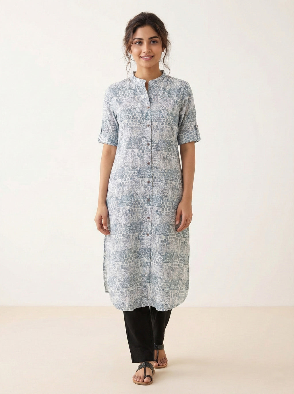 Soul Armor Ladies Printed Persia Mint Straight Kurti with Mandarin Collar and Half Sleeve
