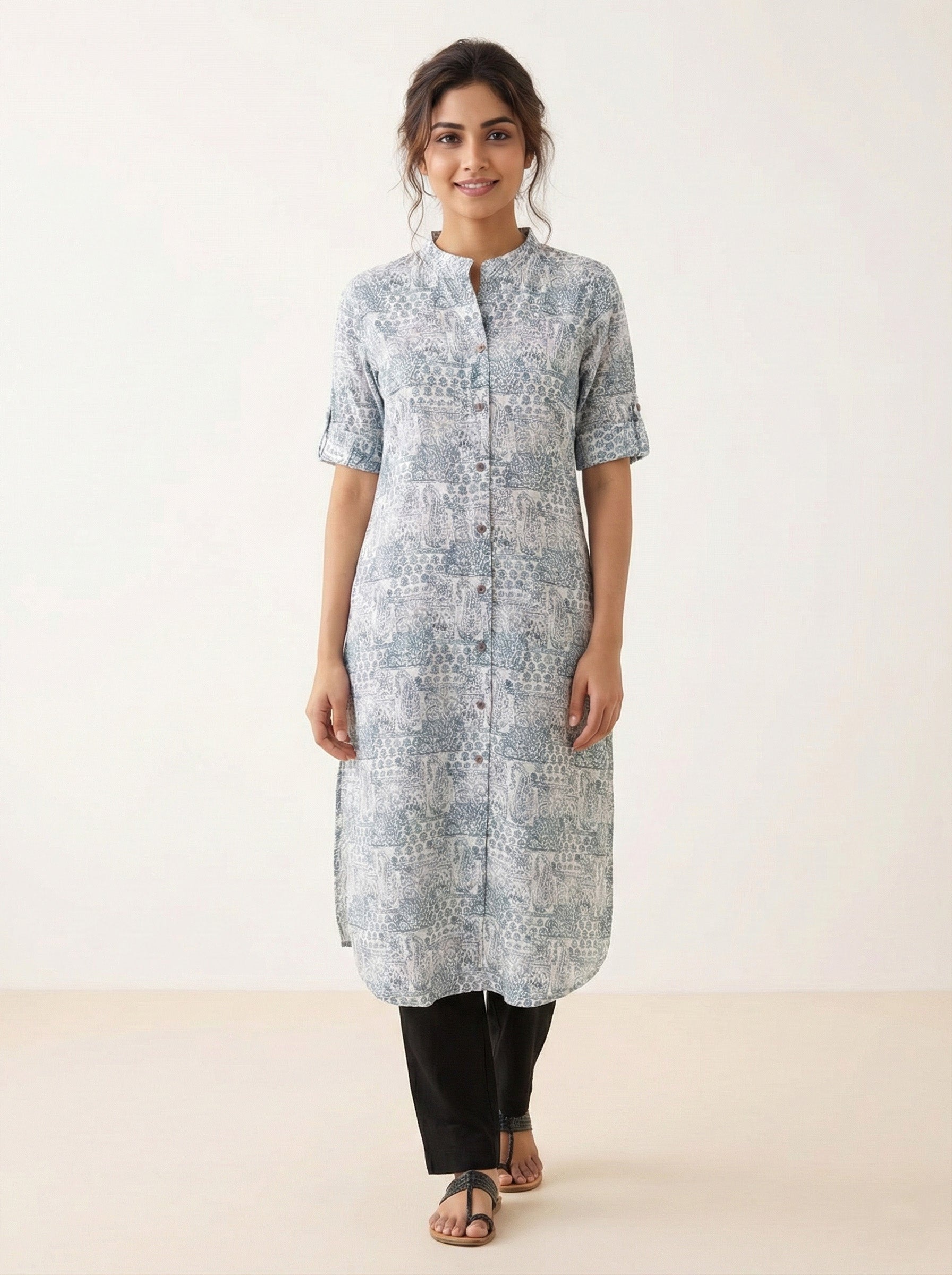 Soul Armor Ladies Printed Persia Mint Straight Kurti with Mandarin Collar and Half Sleeve