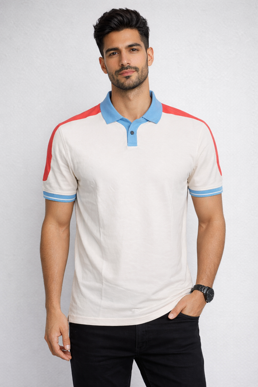 Louis Philippe Mens Solid Polo Neck Half Sleeve T-Shirt with Contrast Trim Detail