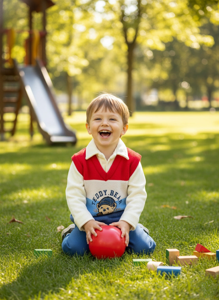 Vats Lil Luxe Boys Red, White & Blue Printed Sweatshirt with Blue Track Pant Co-Ord Set