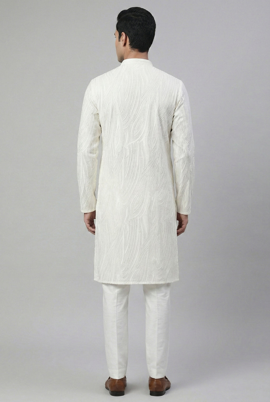 Soul Armor Mens White Subtle Textured All-Over Ethnic Print  Full Sleeve Kurta Set