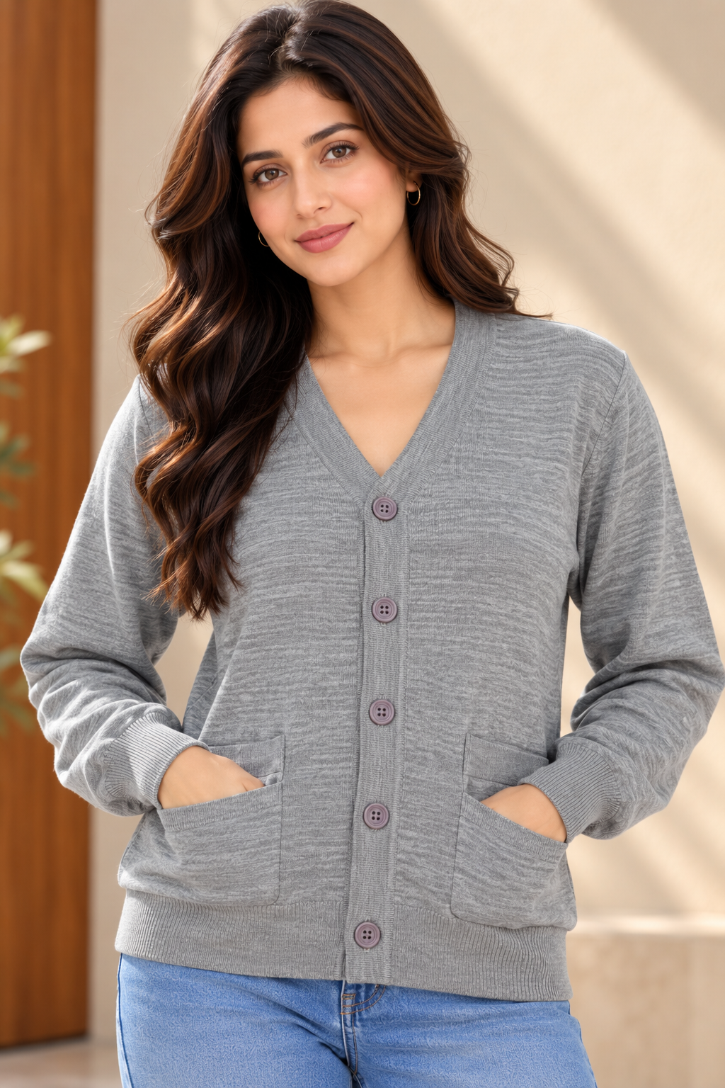 SOUL ARMOR Women's Solid V-Neck Button Cardigan | Soft Knit Full Sleeve Winter Cardigan with Pockets | Warm Casual Wear