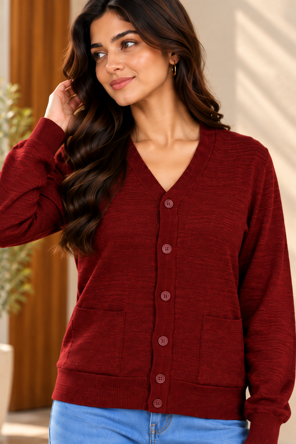 SOUL ARMOR Women's Solid V-Neck Button Cardigan | Soft Knit Full Sleeve Winter Cardigan with Pockets | Warm Casual Wear