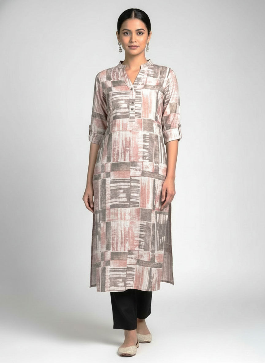 Soul Armor Ladies Straight Kurti with Allover Abstract Block Print Design
