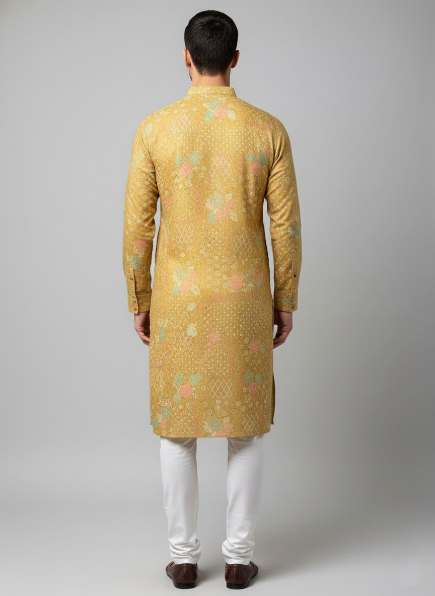 Soul Armor Mens Yellow Detailed All-Over Ethnic Motif Printed Kurta Set