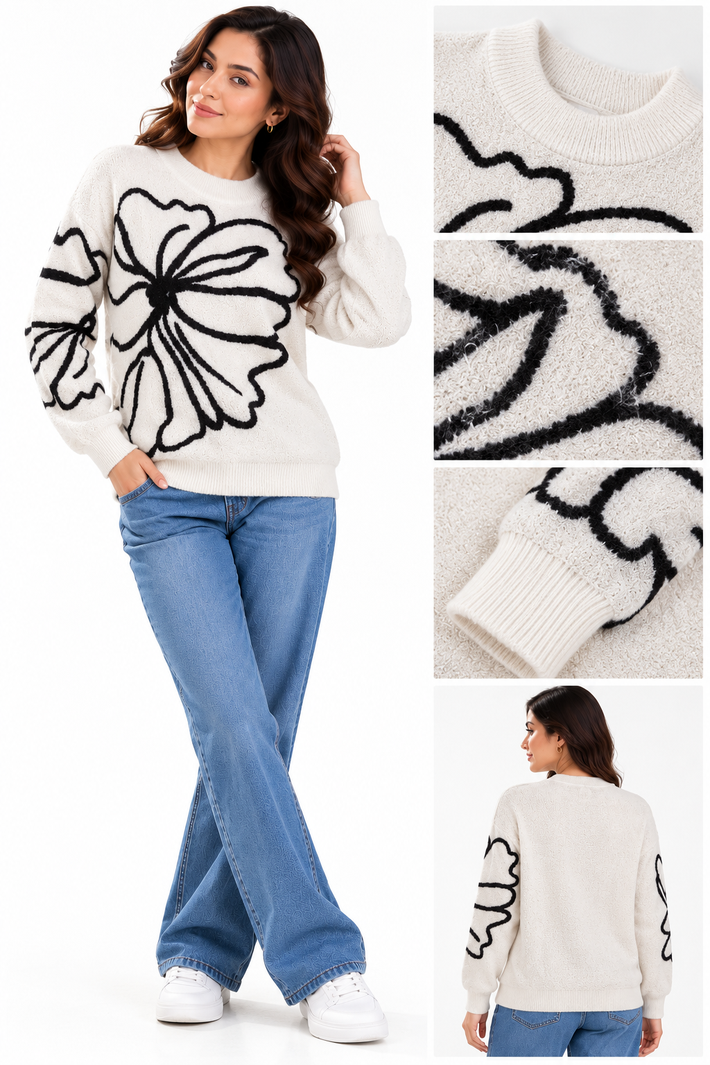 SOUL ARMOR Women's White Black Floral Print Full Sleeve Winter Sweater | Soft Knit Round Neck Pullover | Casual Festive Wear
