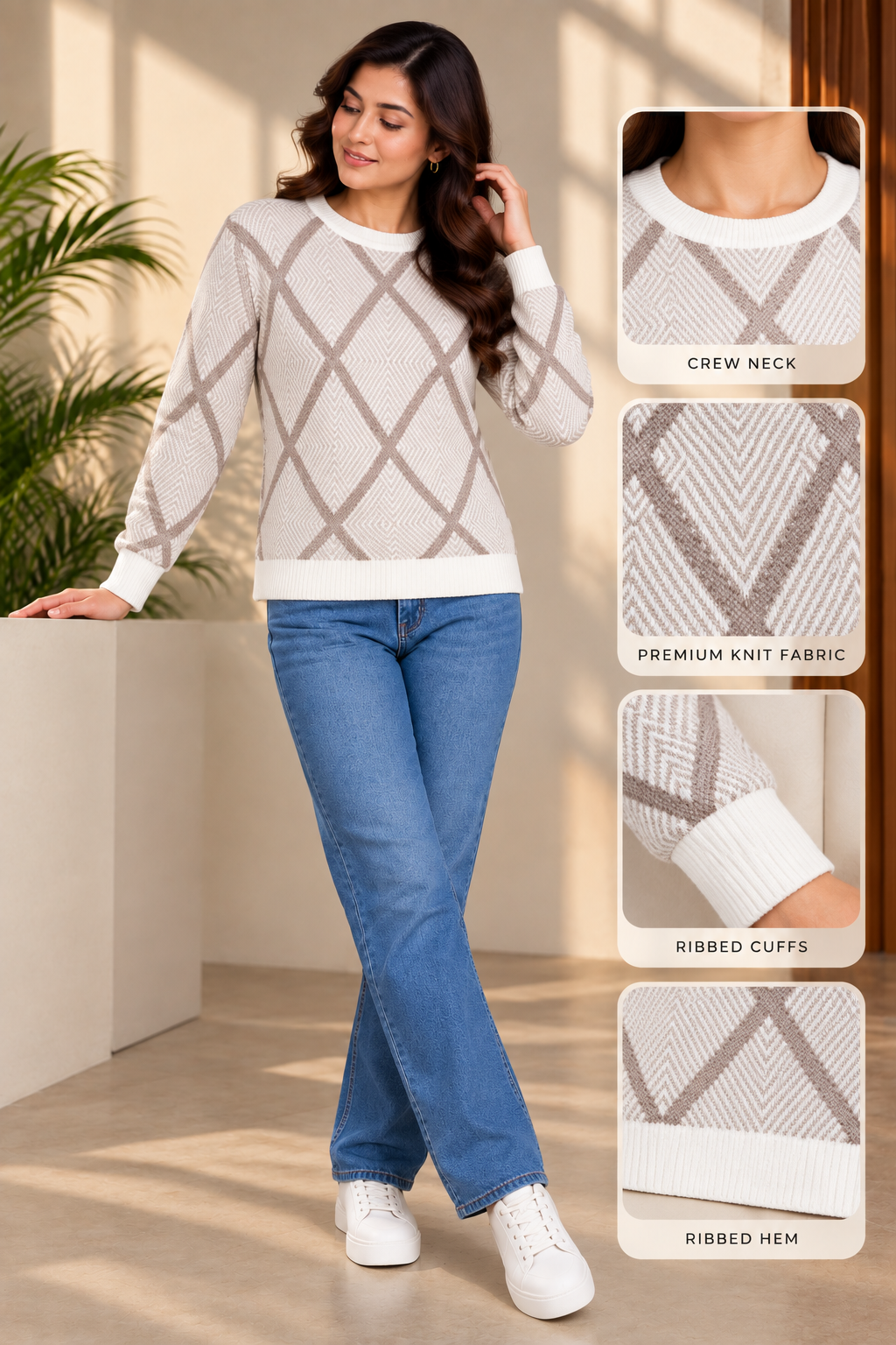 SOUL ARMOR Women's Cream Diamond Check Full Sleeve Winter Sweater | Soft Knit Round Neck Pullover | Warm Casual Wear