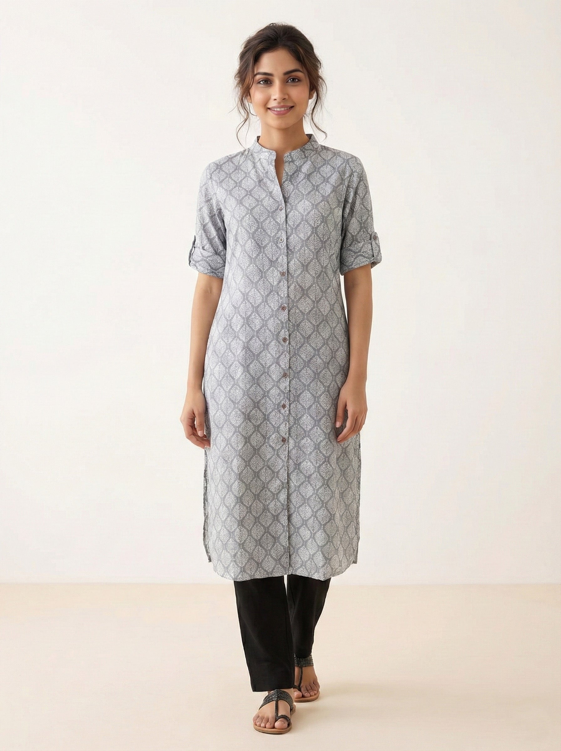 Soul Armor Ladies Printed Mandarin Collar Half Sleeve Kurti with Button Front Style