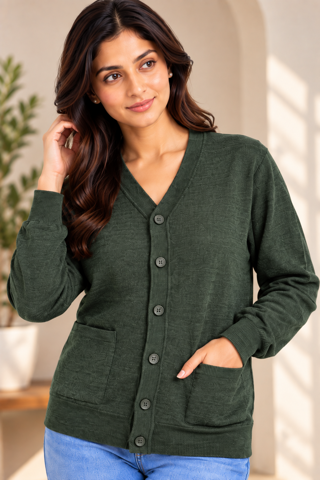 SOUL ARMOR Women's Solid V-Neck Button Cardigan | Soft Knit Full Sleeve Winter Cardigan with Pockets | Warm Casual Wear