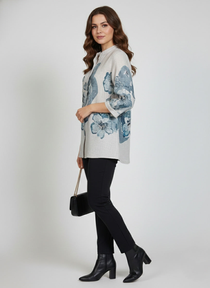 Soul Armor Ladies Floral Print Shirt Top with Mandarin Neck Style
