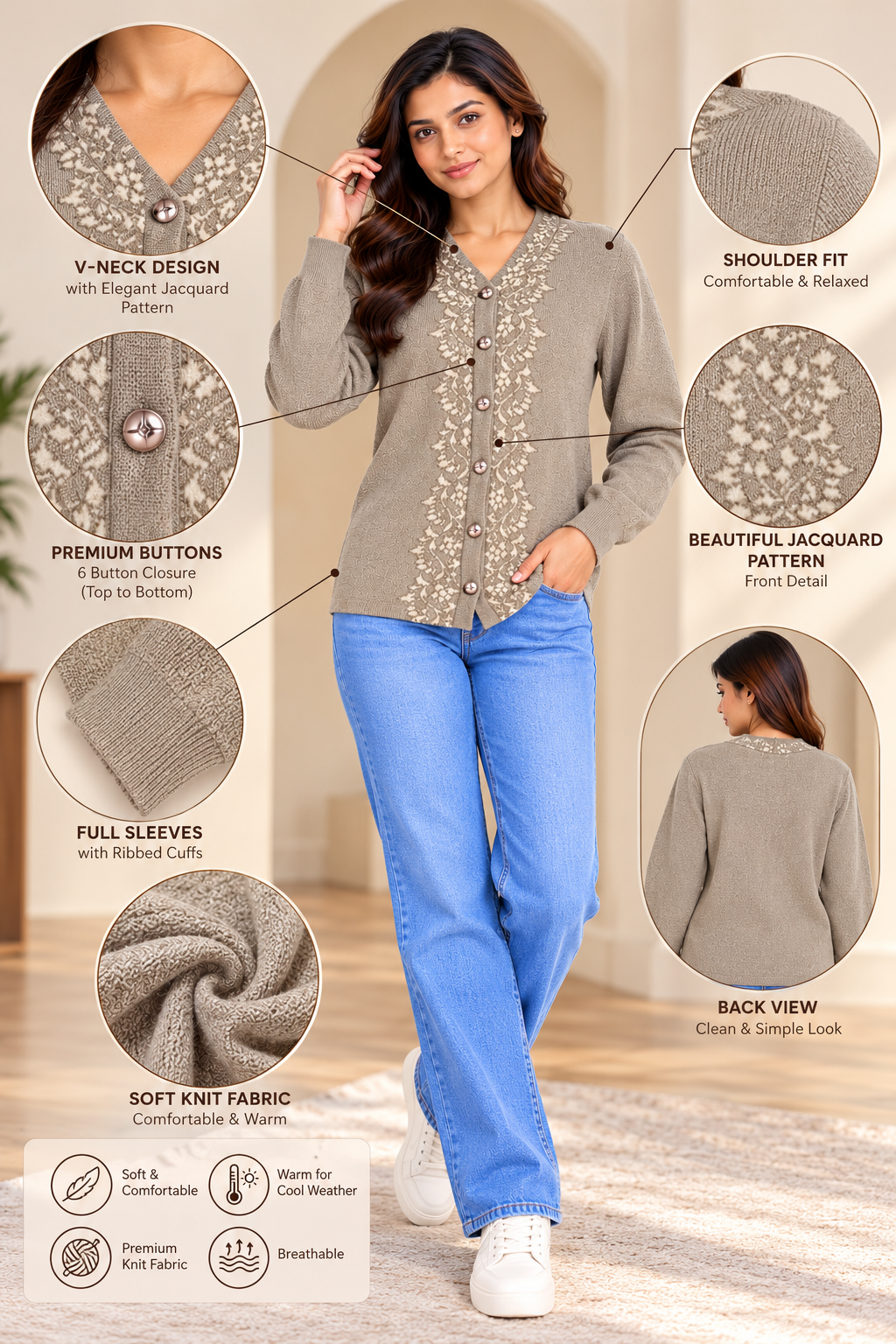 SOUL ARMOR Women's Brown Floral Embroidered V-Neck Button Cardigan | Soft Knit Full Sleeve Winter Cardigan | Festive Casual Wear
