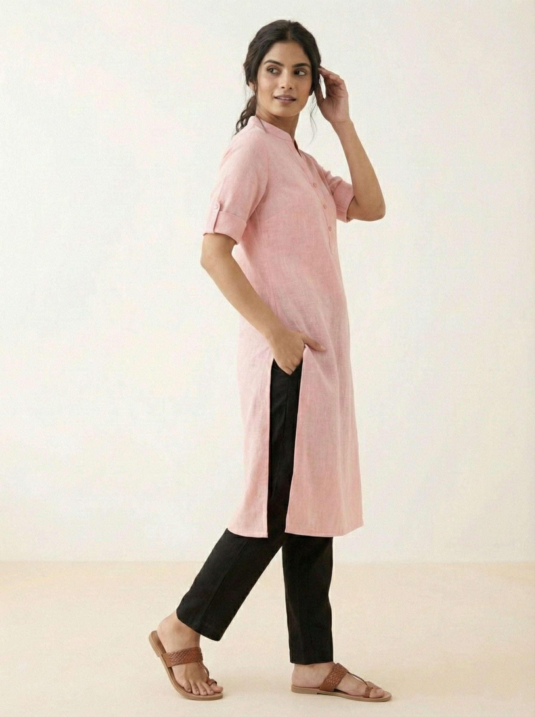 Soul Armor Ladies Solid Mandarin Collar Half Sleeve Kurti with Button Front Design