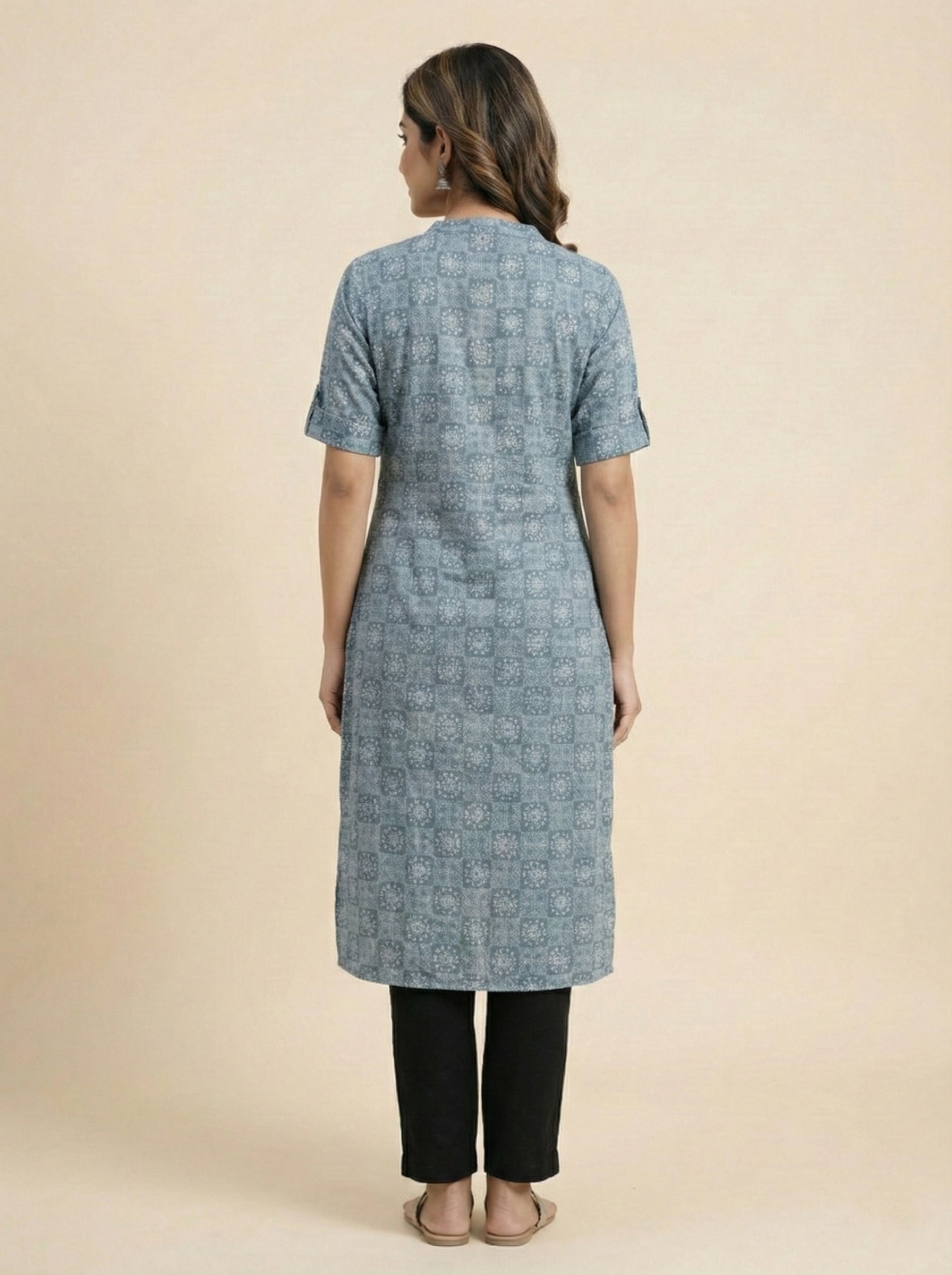 Soul Armor Ladies Allover Floral Buti Printed Straight Kurti with Mandarin Collar and Half Sleeve