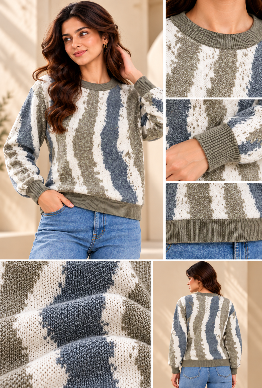 SOUL ARMOR Women's Multicolour Stripe Print Full Sleeve Winter Sweater | Soft Knit Round Neck Pullover | Casual Warm Wear