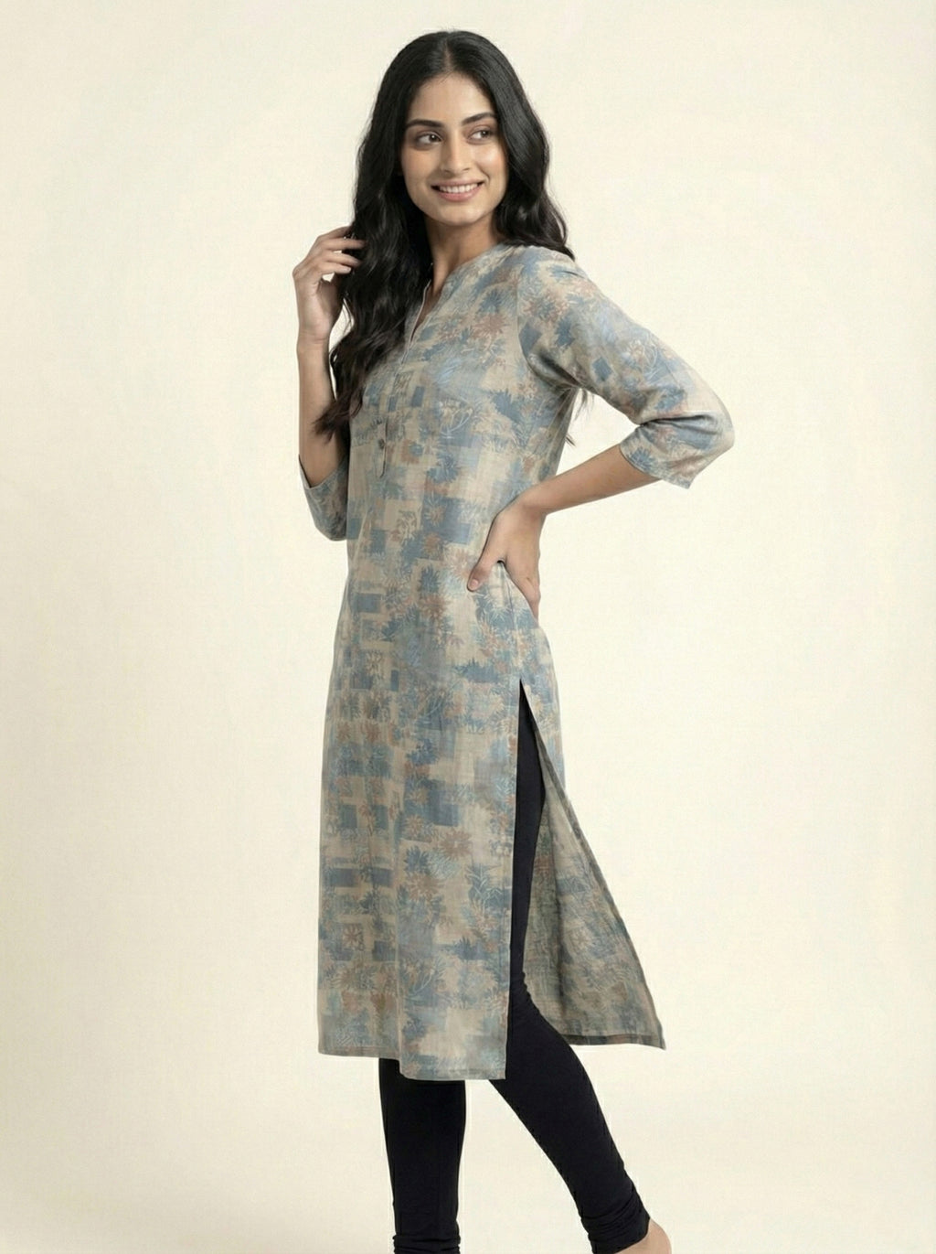 Soul Armor Ladies Floral Block Print Kurti with Mandarin Neck and Half Sleeves