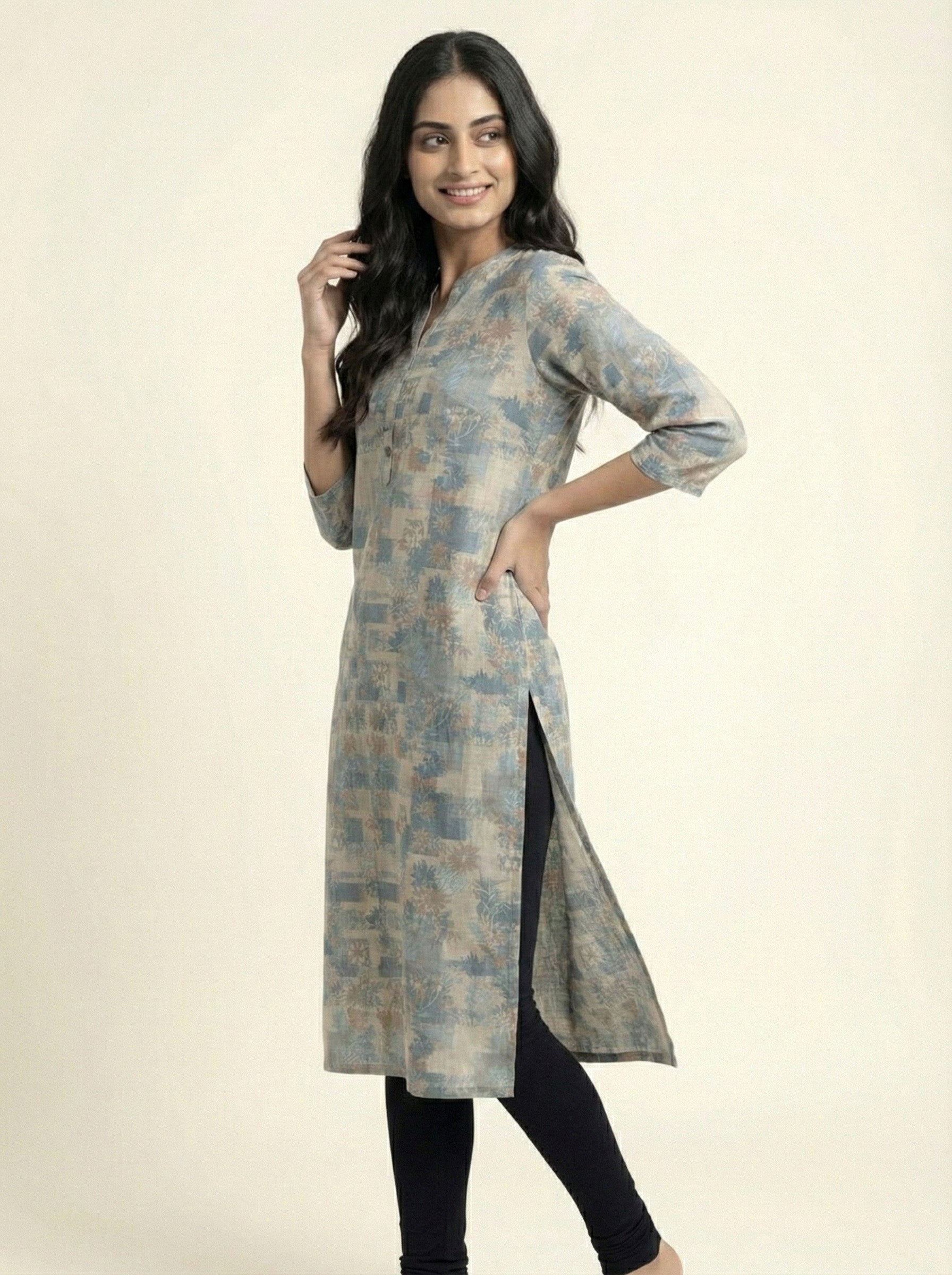 Soul Armor Ladies Floral Block Print Kurti with Mandarin Neck and Half Sleeves