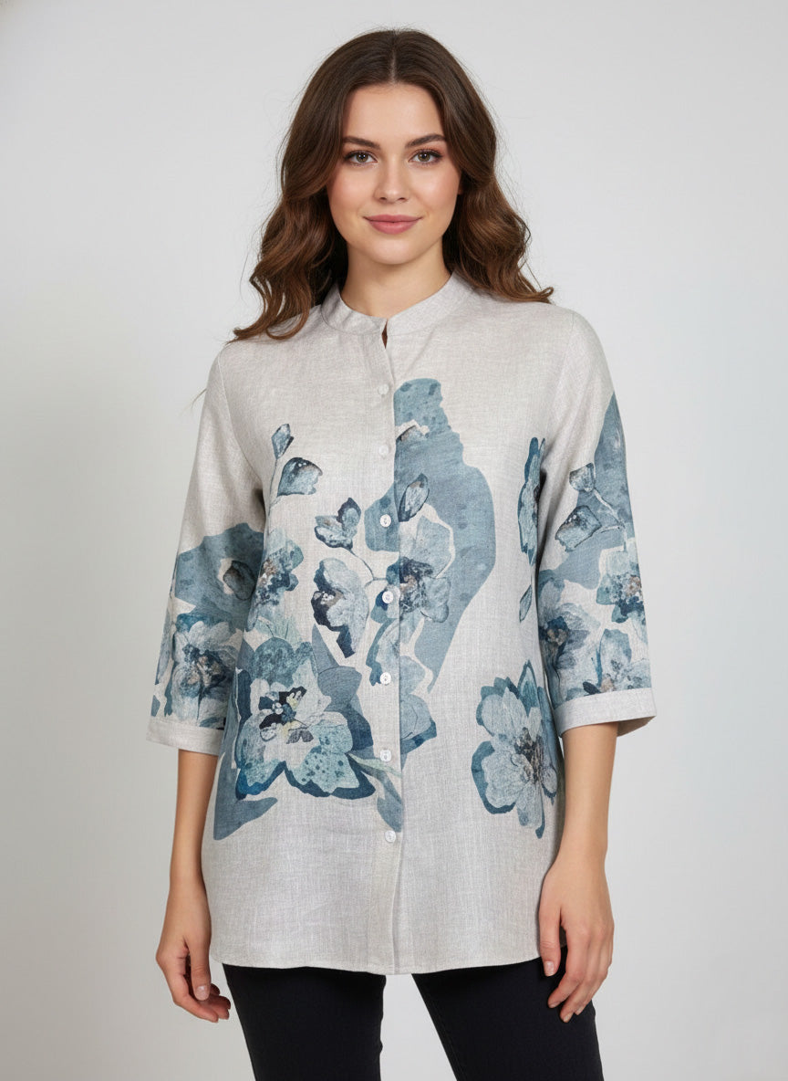 Soul Armor Ladies Floral Print Shirt Top with Mandarin Neck Style