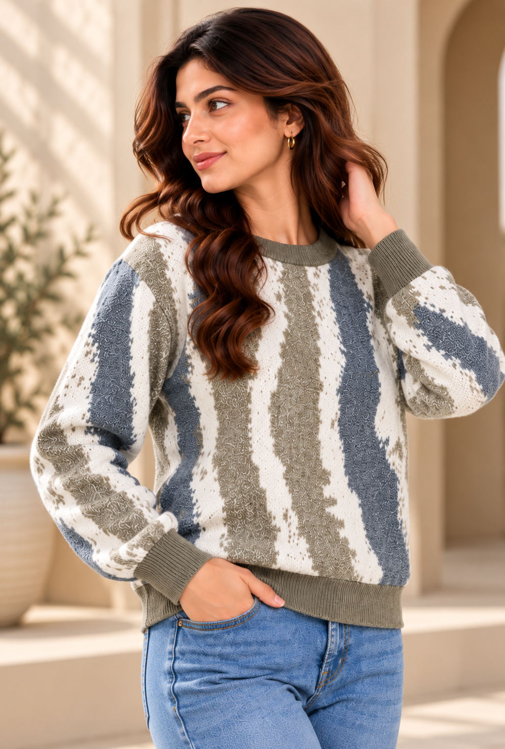 SOUL ARMOR Women's Multicolour Stripe Print Full Sleeve Winter Sweater | Soft Knit Round Neck Pullover | Casual Warm Wear