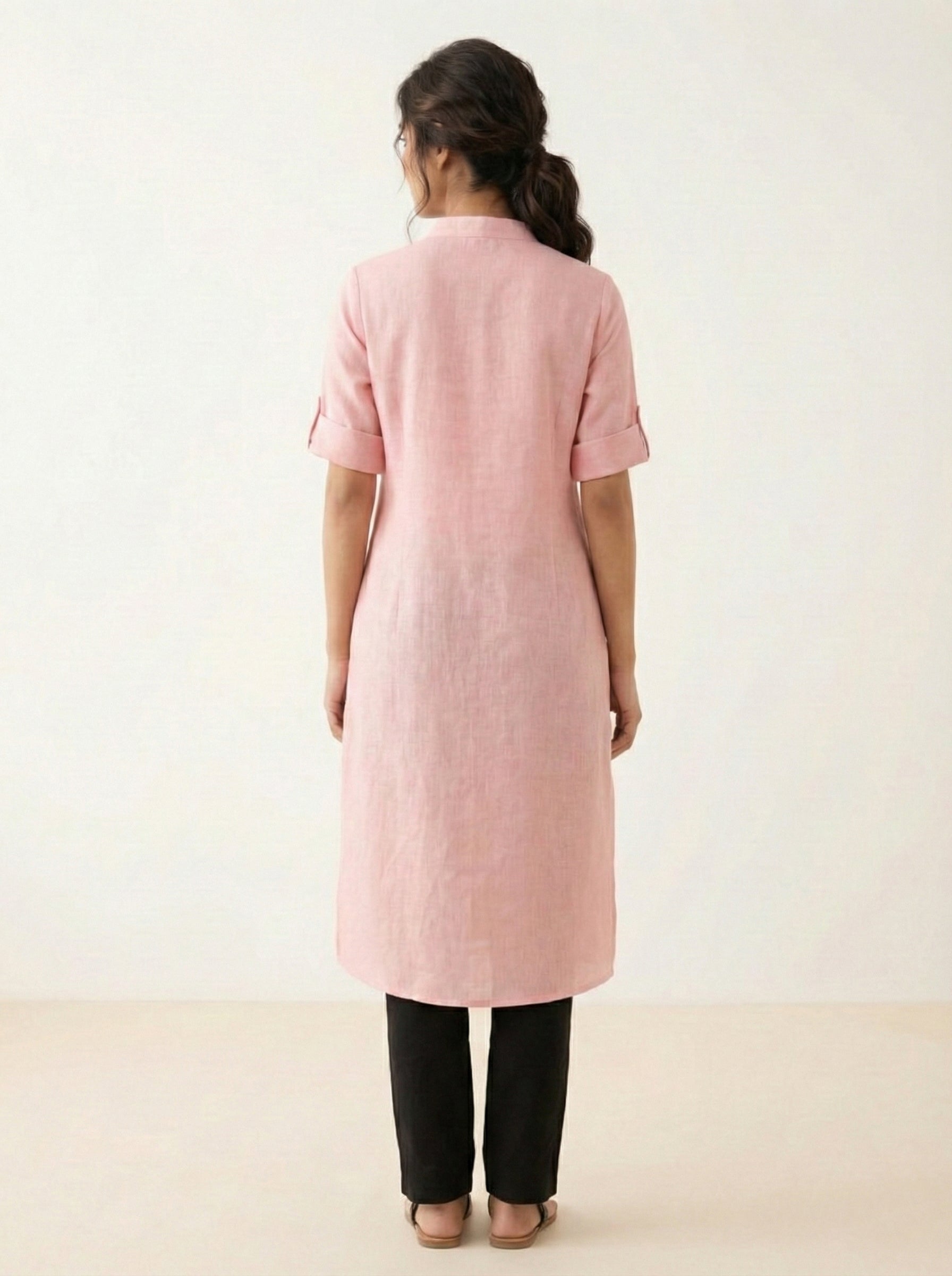 Soul Armor Ladies Solid Mandarin Collar Half Sleeve Kurti with Button Front Design
