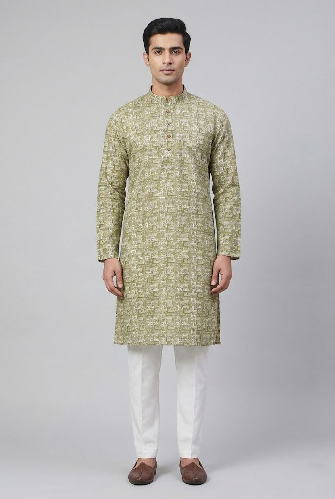 Soul Armor Mens Mehandi All-Over Printed Straight Fit Full Sleeve Ethnic Kurta Set