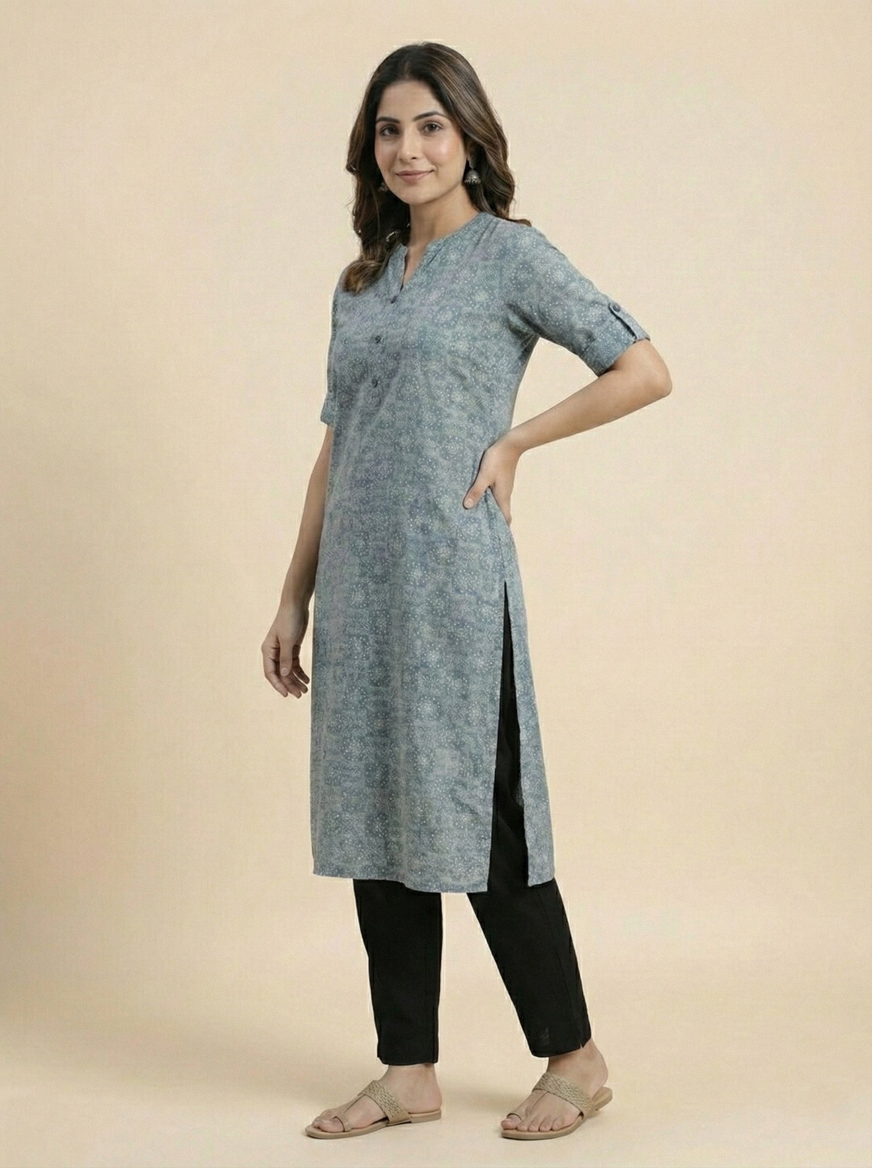 Soul Armor Ladies Allover Floral Buti Printed Straight Kurti with Mandarin Collar and Half Sleeve