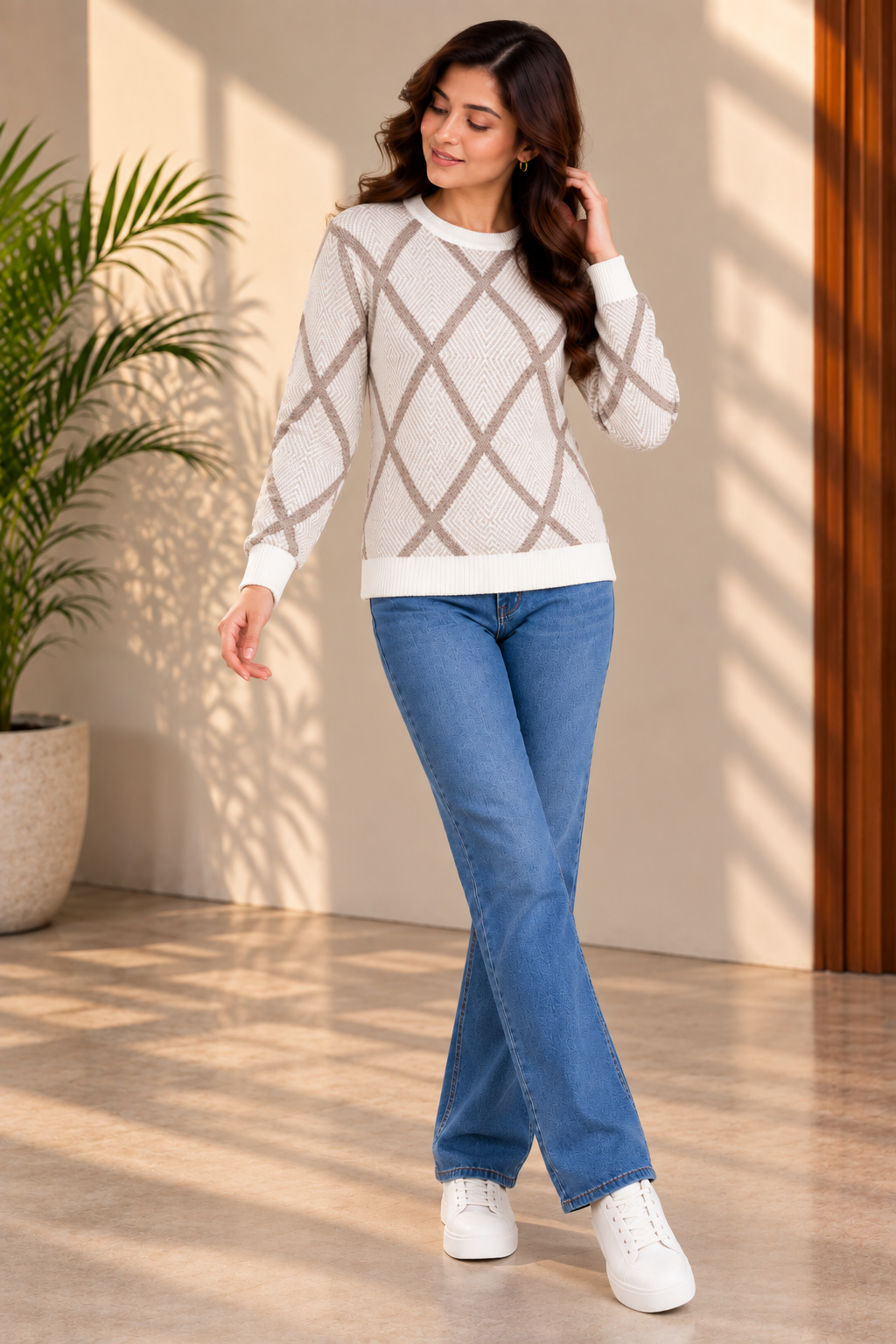 SOUL ARMOR Women's Cream Diamond Check Full Sleeve Winter Sweater | Soft Knit Round Neck Pullover | Warm Casual Wear