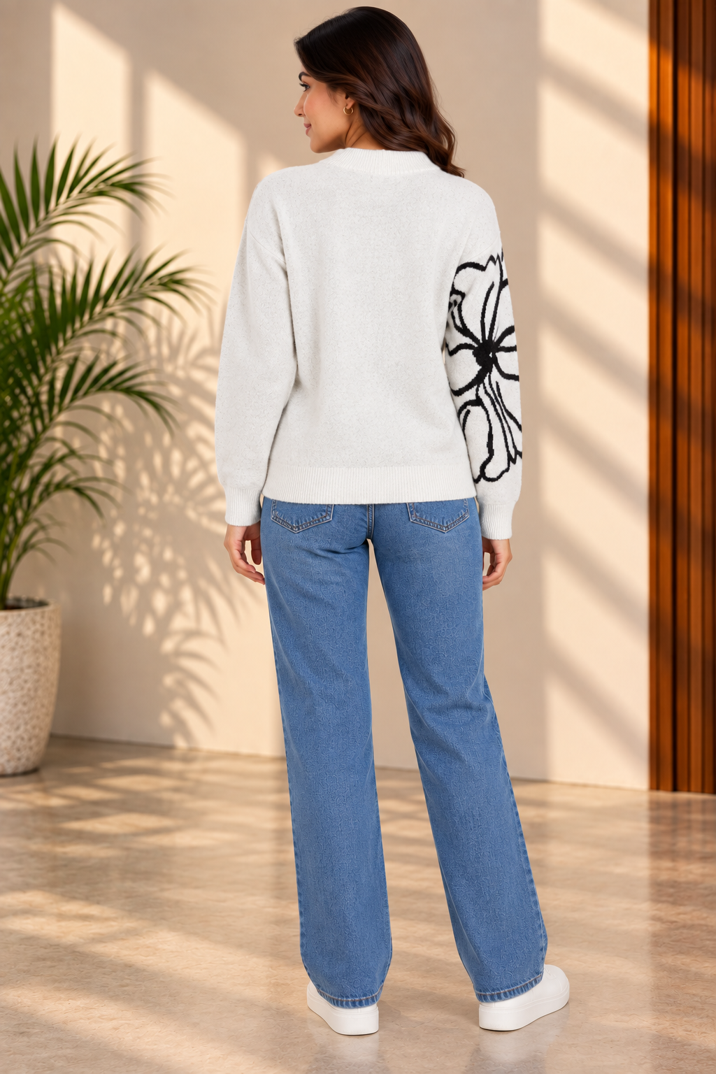 SOUL ARMOR Women's White Black Floral Print Full Sleeve Winter Sweater | Soft Knit Round Neck Pullover | Casual Festive Wear