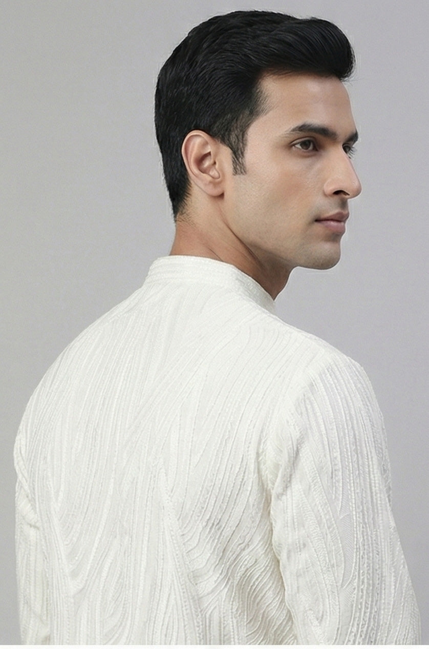 Soul Armor Mens White Subtle Textured All-Over Ethnic Print  Full Sleeve Kurta Set