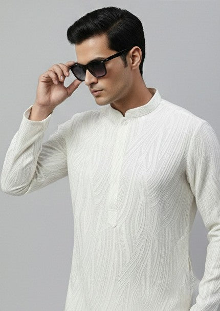Soul Armor Mens White Subtle Textured All-Over Ethnic Print  Full Sleeve Kurta Set
