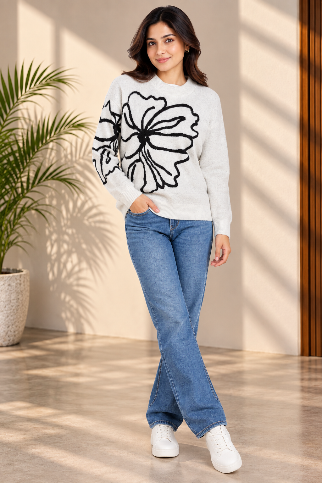SOUL ARMOR Women's White Black Floral Print Full Sleeve Winter Sweater | Soft Knit Round Neck Pullover | Casual Festive Wear