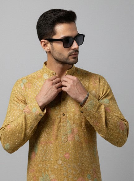Soul Armor Mens Yellow Detailed All-Over Ethnic Motif Printed Kurta Set