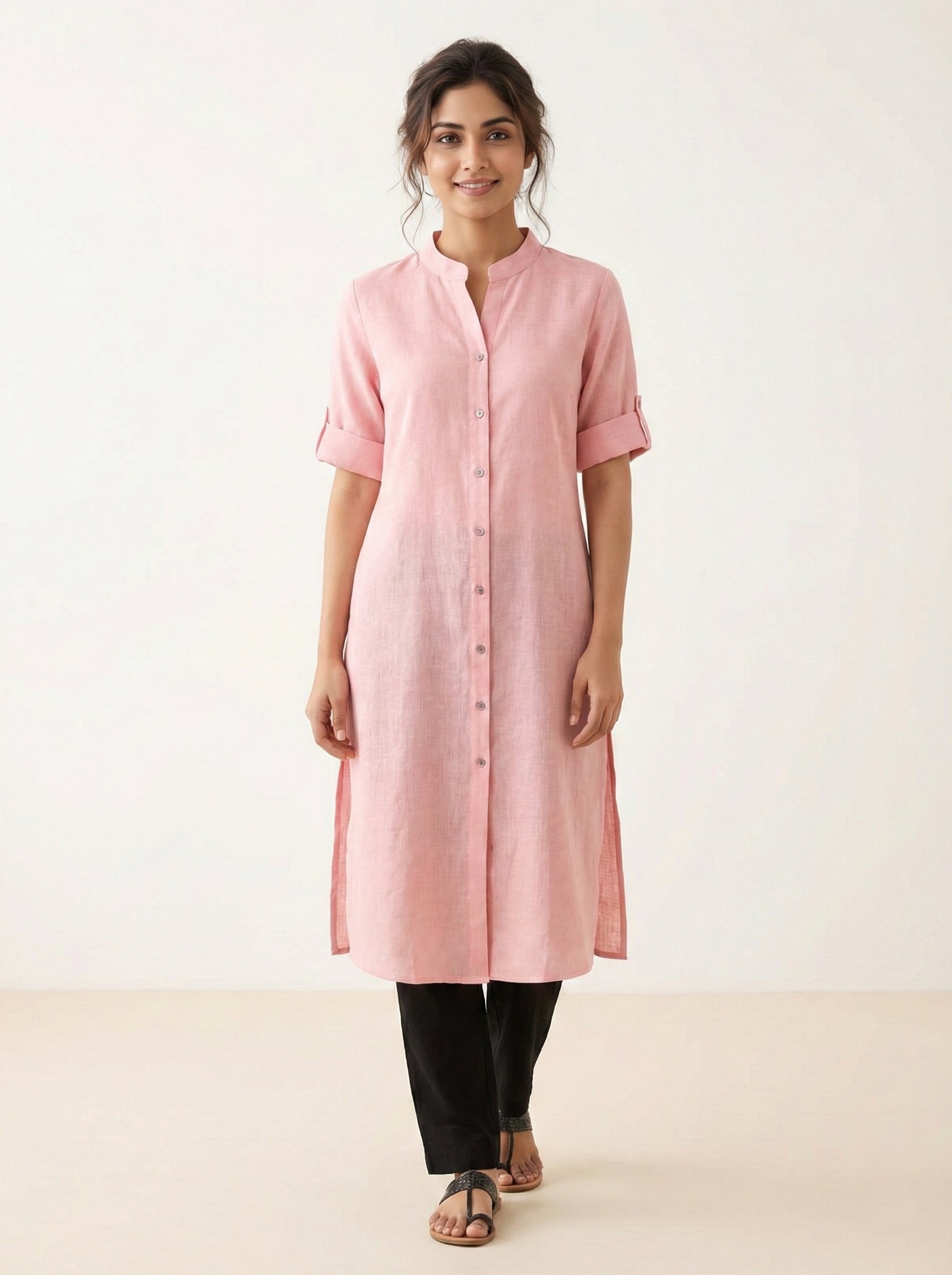 Soul Armor Ladies Solid Mandarin Collar Half Sleeve Kurti with Button Front Design