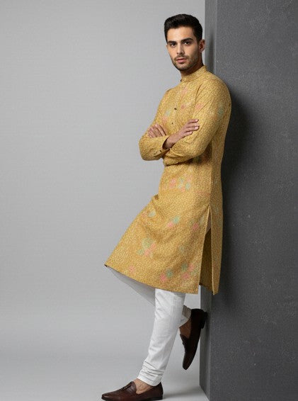 Soul Armor Mens Yellow Detailed All-Over Ethnic Motif Printed Kurta Set