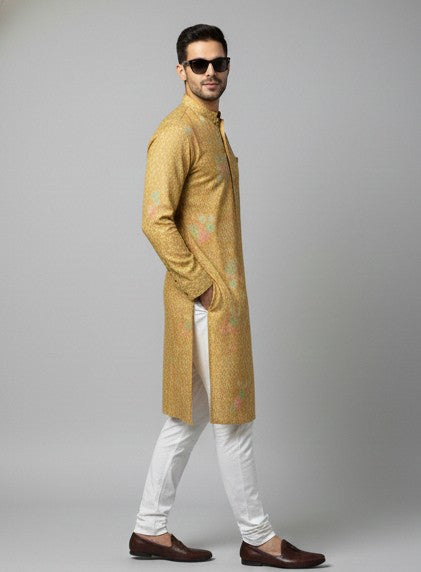 Soul Armor Mens Yellow Detailed All-Over Ethnic Motif Printed Kurta Set
